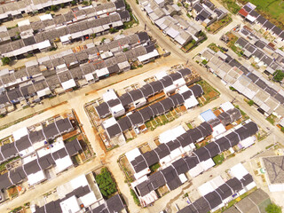 Real Estate development on the edge of Bandung City from an Aerial perspective. New housing development to accommodate significant population growth in West Java, Indonesia. Construction Industry