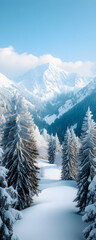 Fototapeta premium Snowy mountain landscape with snow-covered pine trees.