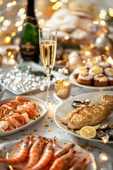 A table with a variety of food and drinks, including shrimp, oysters, and champagne. The table is set for a festive occasion, with a lot of attention to detail and a sense of celebration