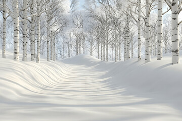 Naklejka premium Snowy path through birch forest.
