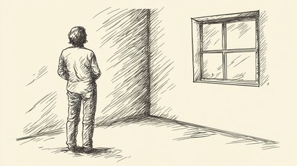 A solitary figure stands in a sparse room, gazing out a window.