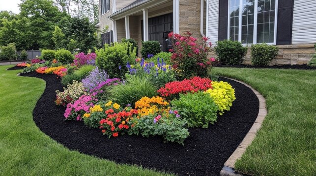 Vibrant colorful flower bed landscape design in front of a suburban home.