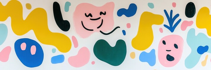 A colorful abstract mural featuring playful shapes and faces, enhancing a vibrant atmosphere.
