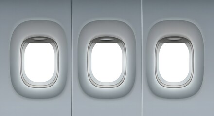 Interior View of Airplane Cabin Windows with Clear White Sky Outside, Modern Aircraft Design Featuring Triple Window Frames and Minimalist Grey Paneling, Perfect for Travel and Aviation-Themed Concept