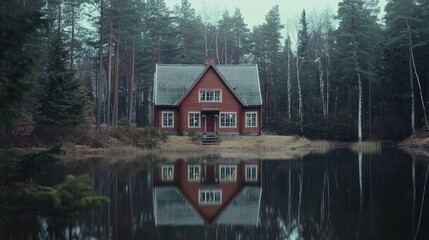 Obraz premium A serene red house by a calm lake surrounded by tall trees in a misty environment.