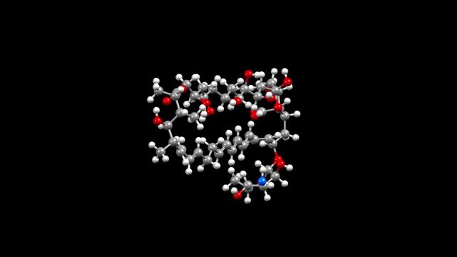 Structure of antifungal agent nystatin. Animated 3D ball-and-stick and space-filled models, black background