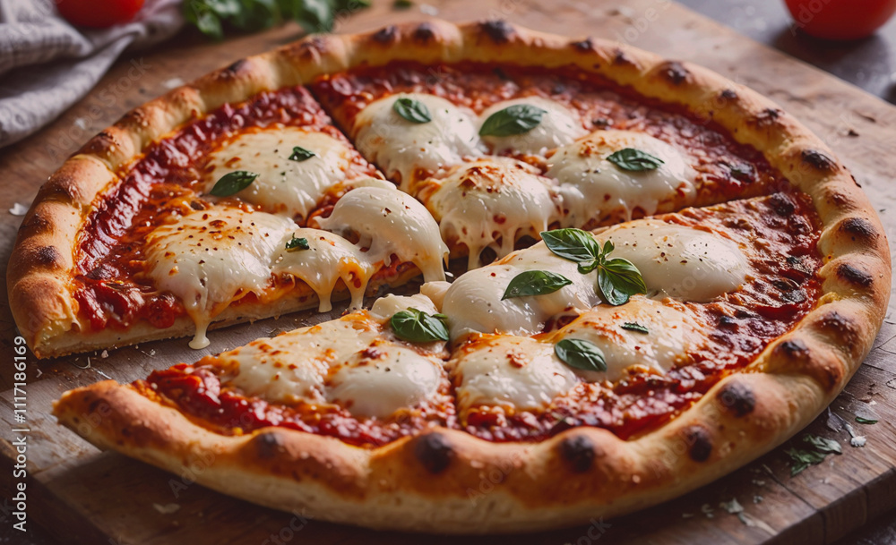 Poster a slice of pizza with cheese and basil on top. the pizza is cut in half and has a piece missing