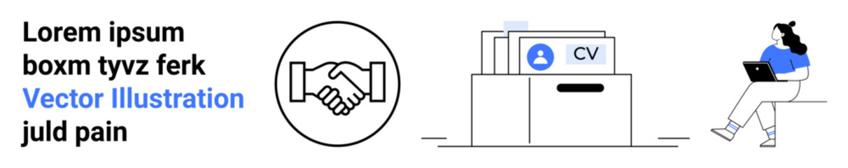 Handshake icon, CV folder, and woman working on a laptop symbolize job application process. Ideal for career services, job websites, HR platforms, employment agencies, resume builders, recruitment