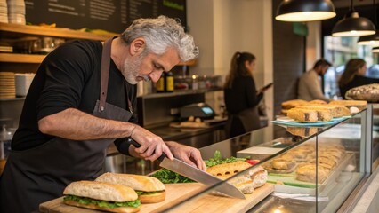 A grayhaired man with a rugged look prepares sandwiches behind the counter in the bustling caf&Atilde;&copy;. He expertly slices ingredients with a large gleaming knife and fills fresh