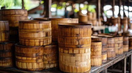 Handmade Wooden Baskets Displayed at Market with Natural Lighting