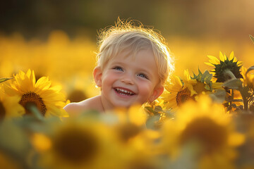 A small child with a big smile plays joyfully in a vast field of bright sunflowers. The warm sunlight enhances the sense of wonder and happiness in this moment. Generative AI