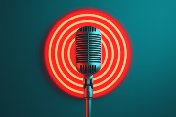 Fototapeta premium Retro microphone with neon circle background, symbolizing music and live performance.