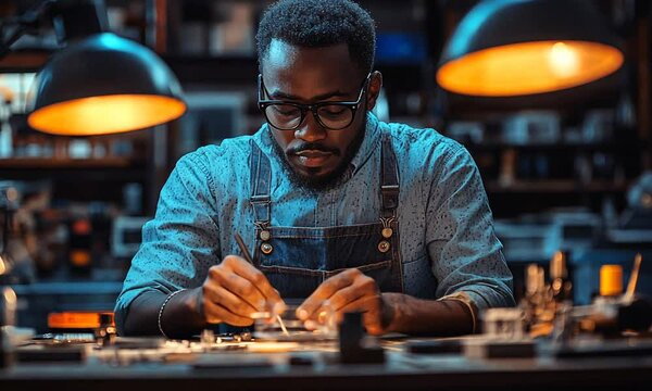 A focused craftsman working on intricate details in a workshop.