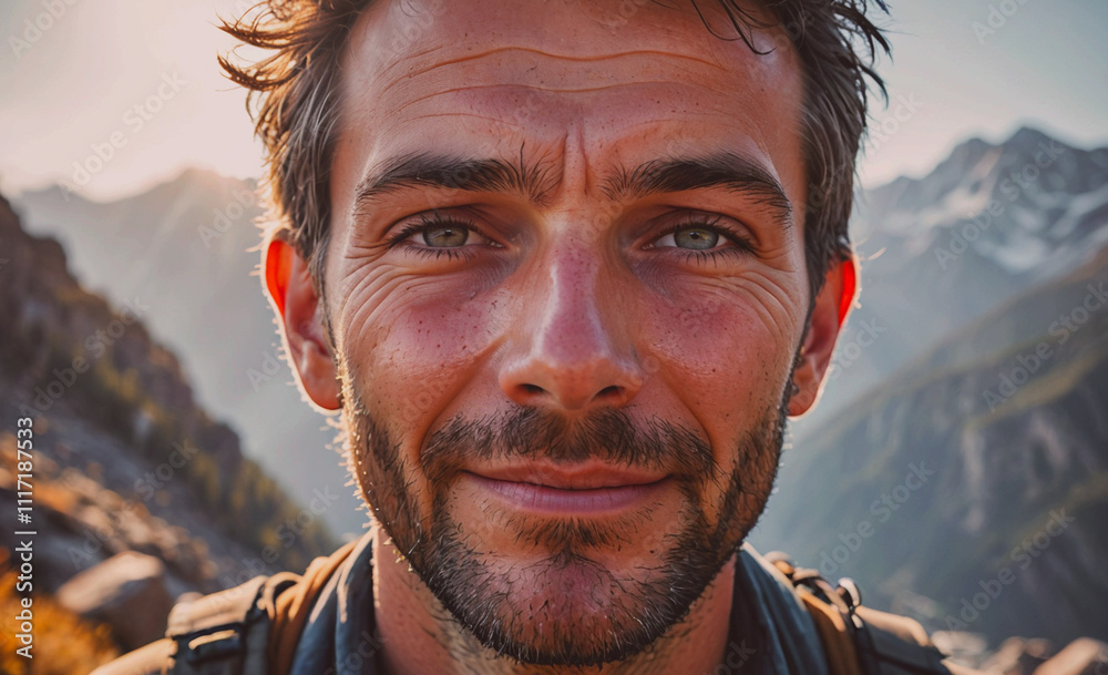 Aufkleber a man with a beard and glasses is smiling at the camera. the mountains in the background create a se