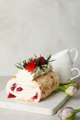 Meringue roll, concept of tasty and delicious food