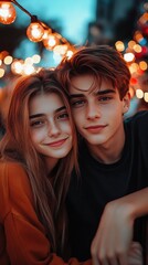 Happy couple enjoying romantic evening under string lights, valentines day
