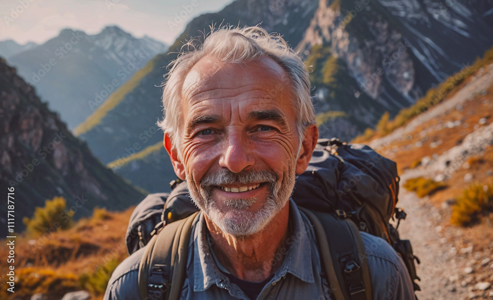 Poster a man with a backpack is smiling and looking at the camera. concept of adventure and excitement, as 