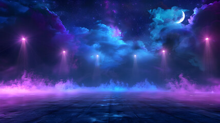 A dark sky with a purple moon and a purple and blue sky. The sky is filled with stars and the moon is shining brightly