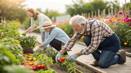 A group of older adults is gathered in a community garden tending to vibrant rows of vegetables. An older man kneels by a row of tomatoes instructing a young volunteer on proper