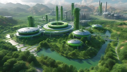 Innovative green technology hub development futuristic eco-city digital art natural landscape aerial view sustainability concept for future living