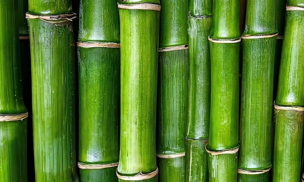 A close-up view of green bamboo stalks arranged vertically, showcasing their texture and vibrant color.