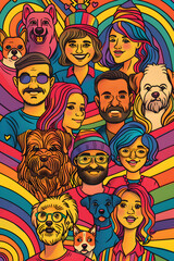 Fototapeta premium A colorful drawing of people and dogs with a rainbow background. The people are smiling and the dogs are wagging their tails. Scene is happy and cheerful