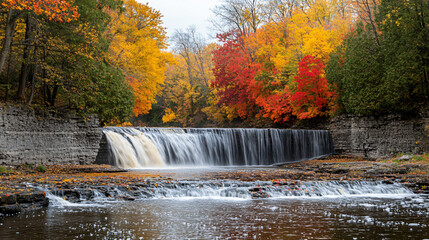 Fototapeta premium A tranquil scene with a waterfall surrounded by autumn trees with red, yellow, and orange leaves, creating a peaceful fall landscape