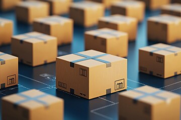 Delivery shipping transport with warehouse concept. Array of stacked cardboard boxes on a blue surface.