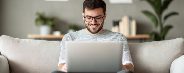 Monthly payments billing concept. Young man working on laptop at home in modern living space.