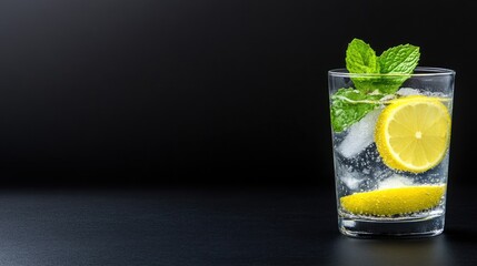 Lemonade and mint cocktail with ice on a dark background, with space for text. --ar 25:14...