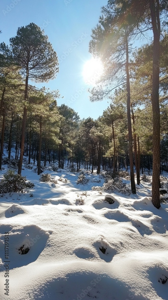 Poster in a tranquil winter wonderland, sunlight filters through tall pine trees, illuminating a soft blank