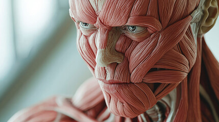 Detailed anatomical model showcasing human muscle structure and facial features.