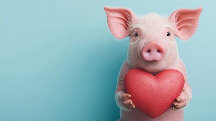 Cute piglet holding a red heart against a light blue background.