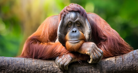Naklejka premium Indonesian Orangutan resting on a tree branch, serene expression, lush green forest background, dappled sunlight, macro photography