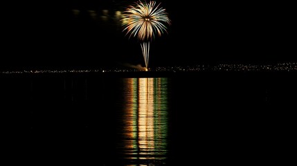 Fireworks over water at night, reflecting in the calm water. Beautiful pyrotechnics display.