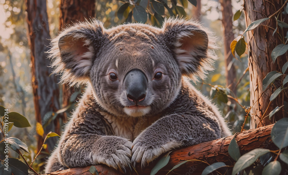 Poster A koala is resting on a tree branch, looking directly at the camera. The scene is serene and tranquil, with the koala's large ears and fluffy fur adding to the sense of calm