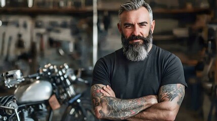 Confident tattooed man with grey beard, arms crossed, standing in front of a classic motorcycle in a workshop.