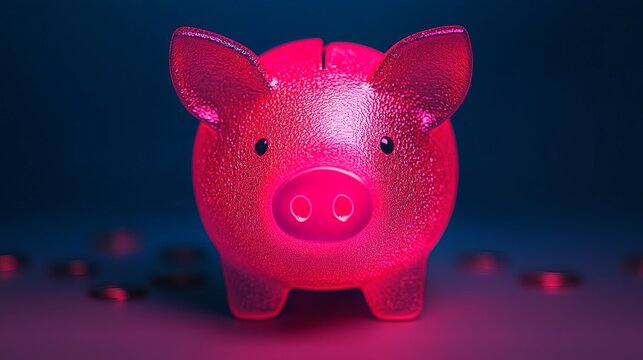 Glowing pink piggy bank with coins scattered around.