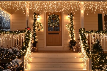 A front porch adorned with icicle lights hanging from the roof. The steps are lined with illuminated garlands, Generative AI