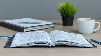 Open notebook with notes, pens, coffee, and plant on a desk. Perfect for productivity, work, study, or office concepts.