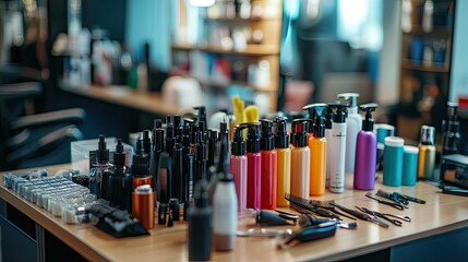 Colorful assortment of hair products and tools on salon table