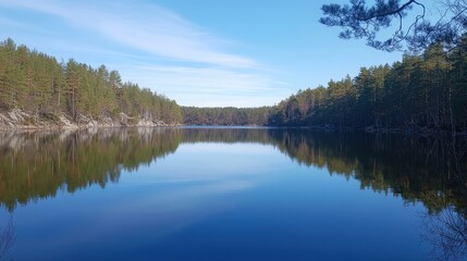 Crystal-clear lake reflecting surrounding pine trees and a bright blue sky