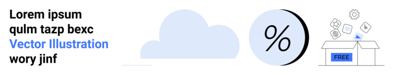 Text with cloud, percentage discount symbol, and open box with floating icons. Ideal for ecommerce, marketing campaigns, promotional events, discounts, online shopping, product description