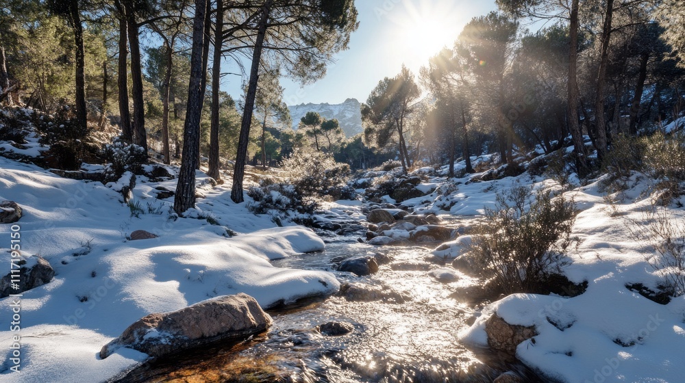 Poster snow blankets the forest floor as a gentle stream flows through the tranquil landscape, illuminated 