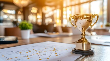 Golden trophy on a graph, signifying success and achievement in business. Image depicts a luxurious setting.