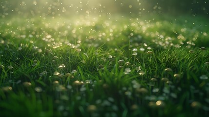 Fototapeta premium Collection of Vibrant Green Grass, Dew, Wildflowers, and Nature Scenes in Various Settings