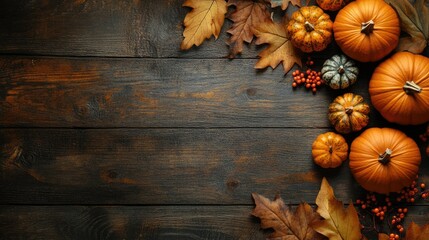 Autumn Maple Leaves and Pumpkin Arrangement on Rustic Wooden Surface