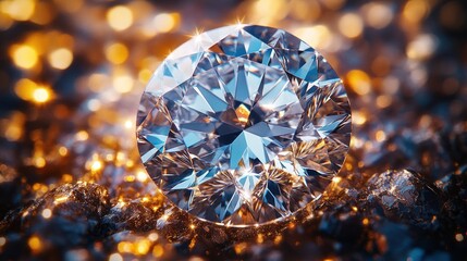 Fototapeta premium Sparkling round brilliant-cut diamond on dark background.