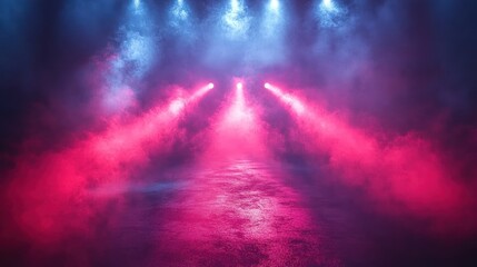 Pink and blue stage lights illuminating smoky dark room.
