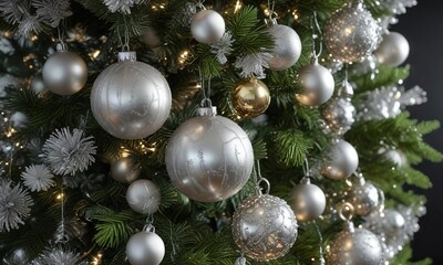 Shimmering silver tinsel and ornaments on a greenery-covered tree , festive decoration, holiday decor, ornaments